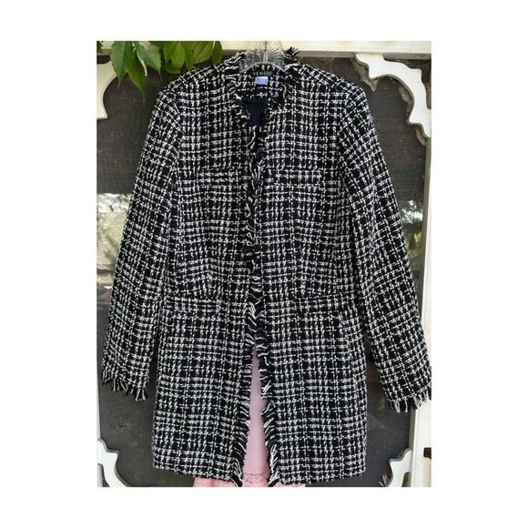 Venus Longline Boucle Knit Blazer Jacket Monochrome Fringe Collar & Cuffs Sz 6 - Picture 1 of 9